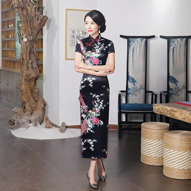 Красное китайское традиционное платье женское шелковое атласное Cheongsam винтажное Qipao Летнее Длинное платье с коротким рукавом Цветочное платье плюс размер V1691 - Цвет: 2