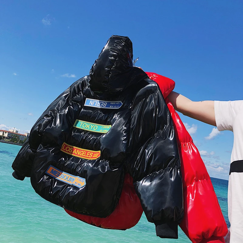 Блестящая зимняя куртка для женщин 5xl пуховик с капюшоном в стиле бойфренда уличная ветрозащитная куртка с принтом женская верхняя одежда