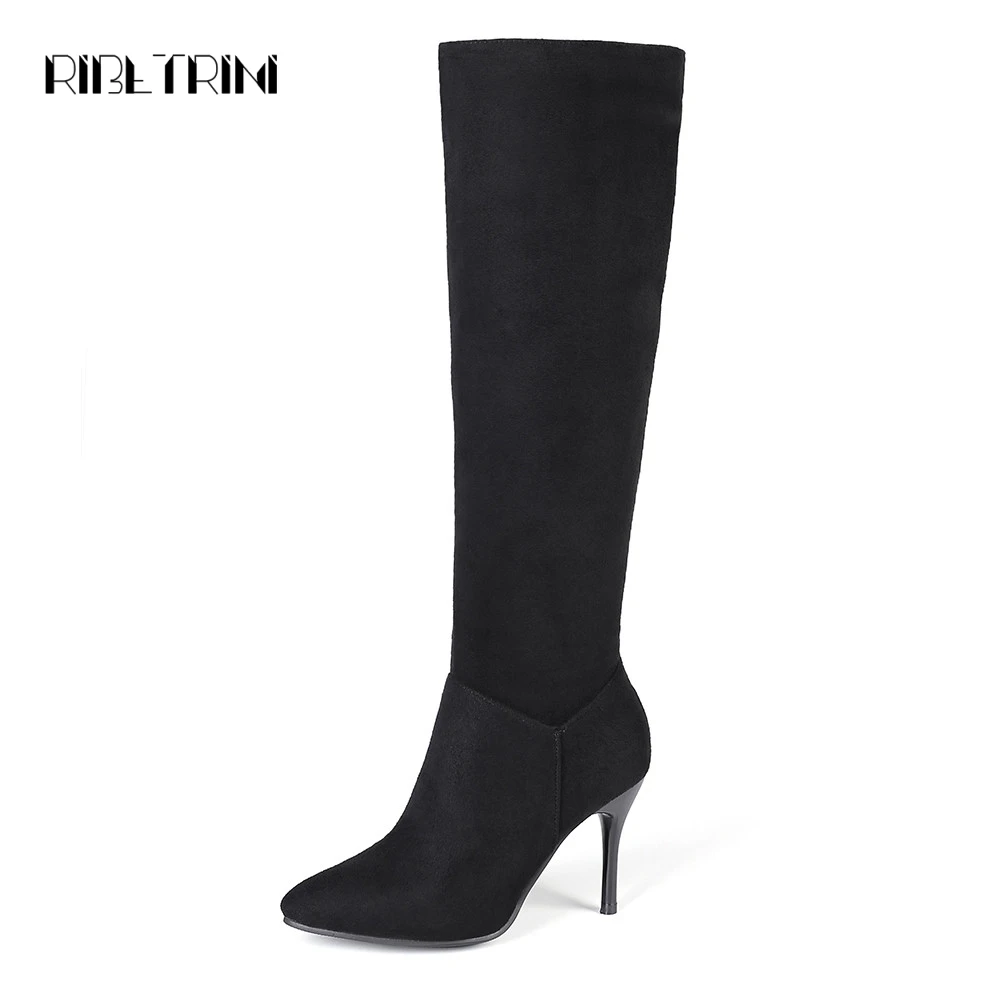

RIBETRINI Plus Size 32-46 Add Fur Autumn Winter Shoes Woman Boots Female Thin High Heels Knee High Boots Women Shoes