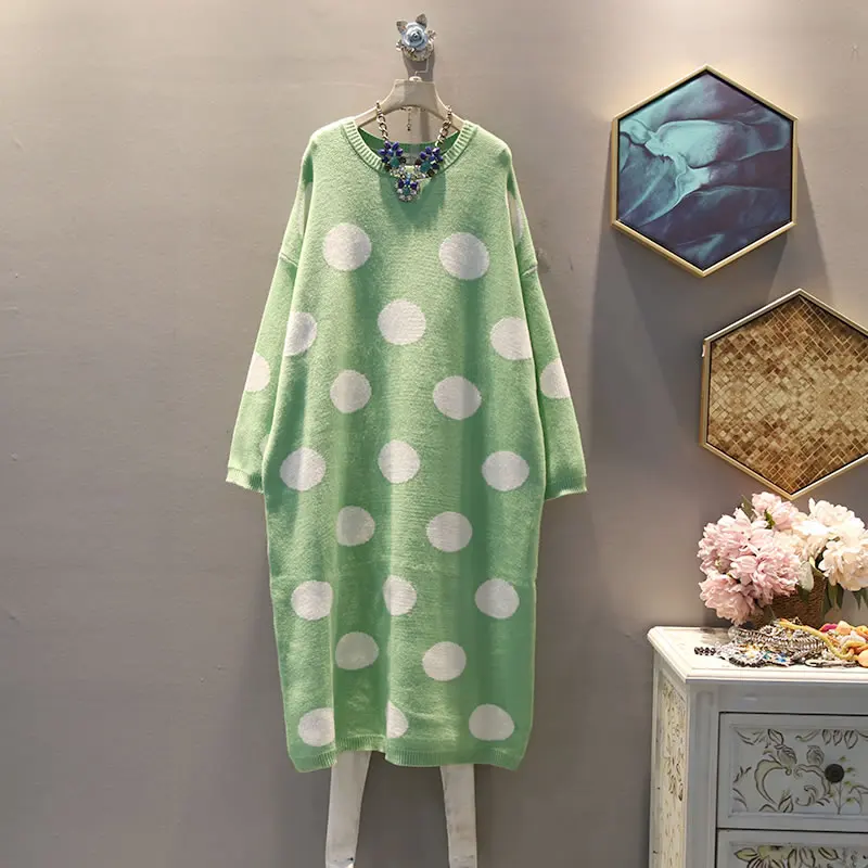 green GCC2171 XITAO прямое трикотажное платье для женщин, модный пуловер, элегантное, в горошек, с круглым вырезом, маленькое, свежее,, Осеннее, стильное длинное платье, GCC2171 - Цвет: green GCC2171