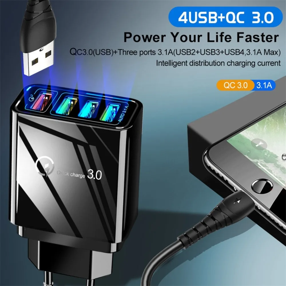 Настенное зарядное устройство 4USB QC3.0, быстрое зарядное устройство для телефона, штепсельная вилка стандарта ЕС/США/Великобритании, быстрая зарядка QM, 5 В, 2,4 А, совместимо со всеми смартфонами S24