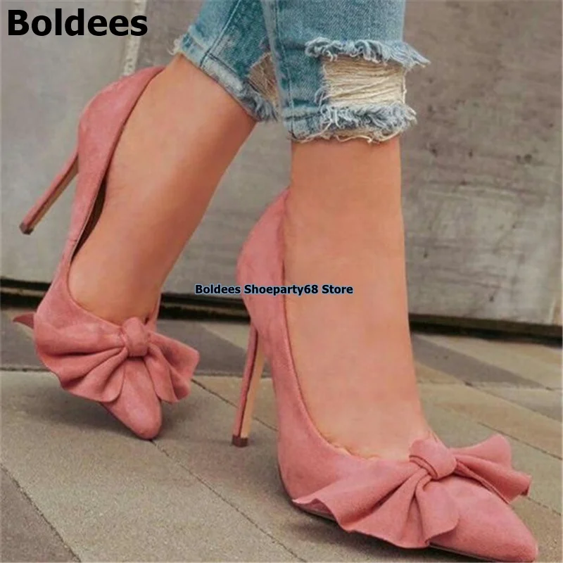 

Suede Pink Leather Sweet Girls Bowtie Heeled Pumps Flock Knotted Slip On High Heel Lady Pointed Toe Dating Dress Shoes Stilettos