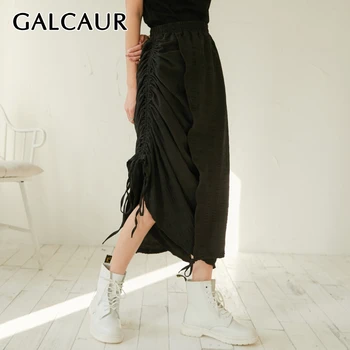 

GALCAUR Korean Drawstring Lace Up Skirt Female High Waist Irregular Lace Up Large Size Loose Midi Skirt Women New Clothes 2020