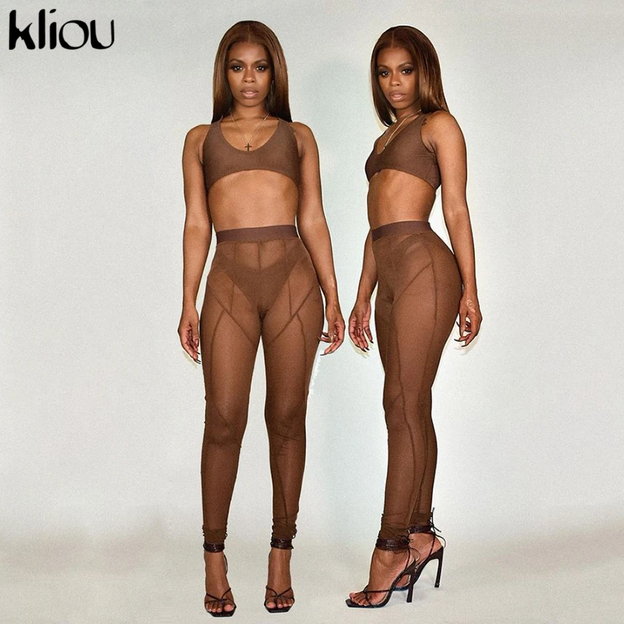 Kliou Mesh See Through Pants Women 2021 Hot Sexy High Waist Patchwork Sheer Leggings Body-shaping Baddie Style Skinny Trousers honeycomb leggings