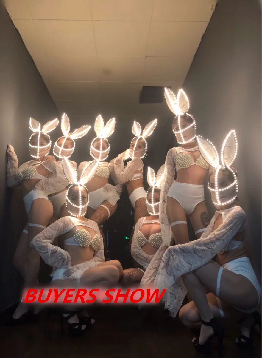 Женщины ди-джей в ночном клубе бикини набор белый жемчуг бюстгальтер кролик светодиодный головной убор танцевальный наряд бар вечерние шоу команда сцена костюм танец наряды