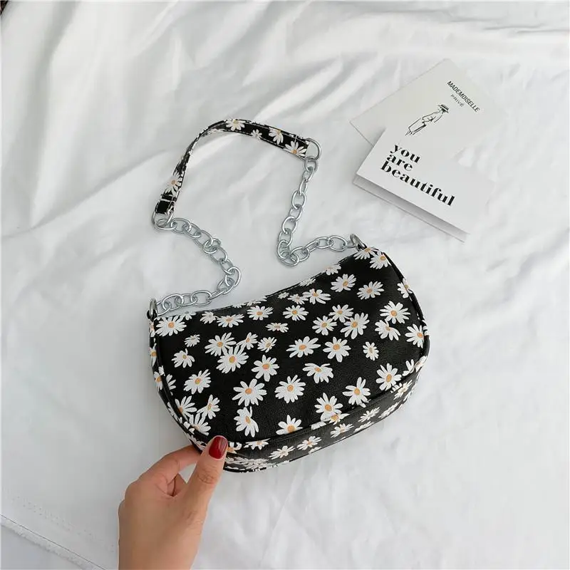 

Vintage Little Daisy Floral Ladies Small Shoulder Bags PU Leather Women Baguette Handbags Fashion Girl Chain Underarm Bag Purse