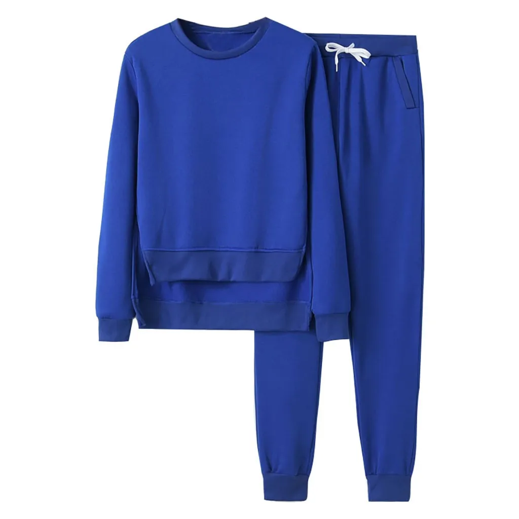 Blue Женский спортивный костюм, повседневная Осенняя зимняя спортивная толстовка с брюками, костюм из двух частей, короткий топ с длинным рукавом, брюки, женский спортивный костюм#45 - Color: Blue