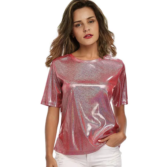 Sparkly T Shirt Glitter Top Tee For Women Sequin O Neck Short Sleeve Shirt  Women's Summer Breathable Holographic Shiny Tee - T-shirts - AliExpress
