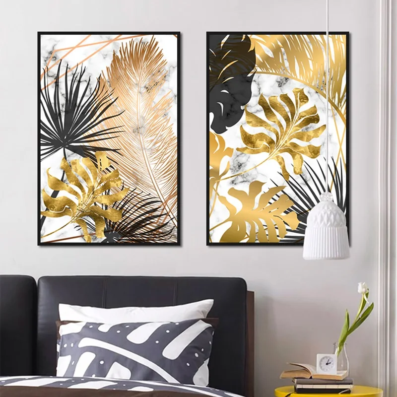 

Nordic Home Decor Plants Canvas Painting Modern Abstract Golden Palm Leaf Posters and Prints Wall Art Picture for Living Room