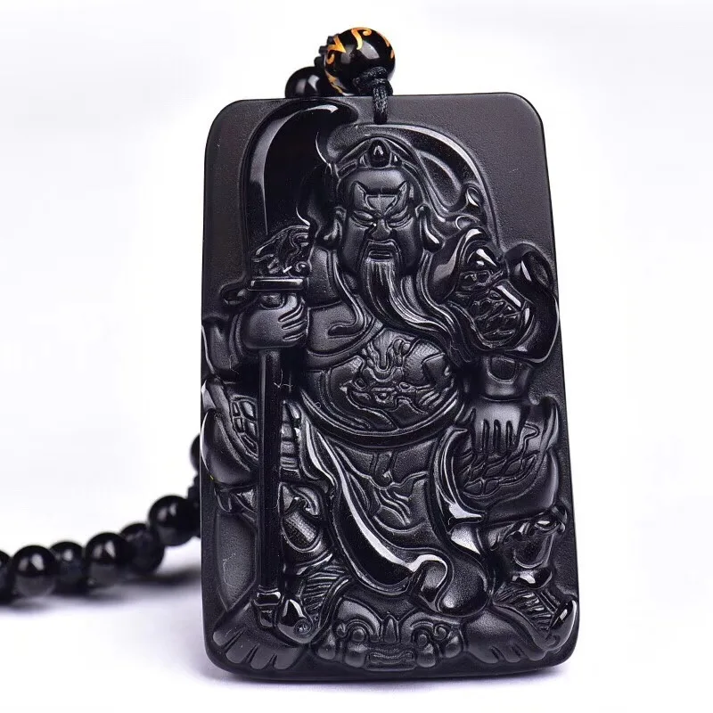 Мужское ожерелье кулон черный Обсидиан Резной Бог богатства Guan Yu большой меч