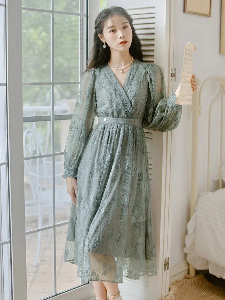 Photo Color SWEETXUE винтажное кружевное длинное платье с вышивкой женское сексуальное платье с v-образным вырезом и рукавом-фонариком Элегантное повседневное вечернее платье осень - Цвет: Photo Color