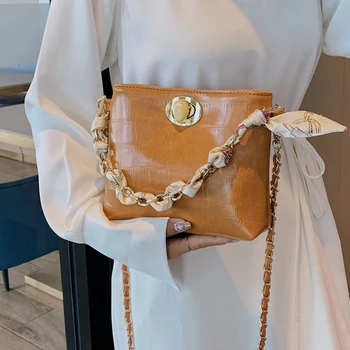 

Ribbon Tote Bucket Bag 2020 Fashion New Quality Leather Women's Designer Handbag Crocodile Pattern Chain Shoulder Messenger Bag