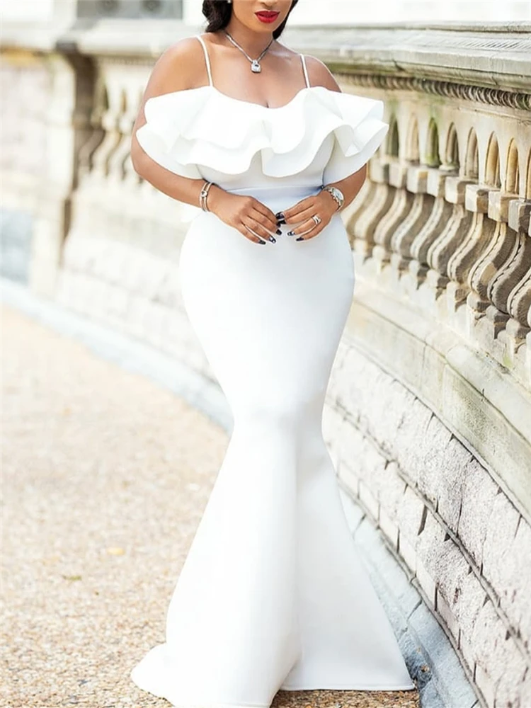 

Women Bodycon Maxi Dress Spaghetti Strap Ruffles Off Shoulder Sexy Night Party Clubwear Dinner Evening Slim Tunic