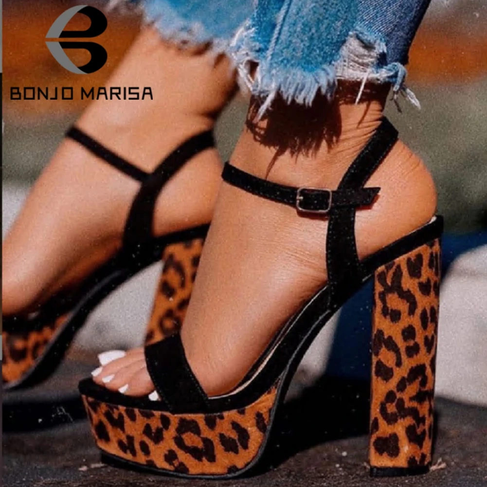

BONJOMARISA New INS Hot Ladies Party Leopard Sandals Fashion High Platform Evening Sandals Women High Chunky Heel Shoes Woman