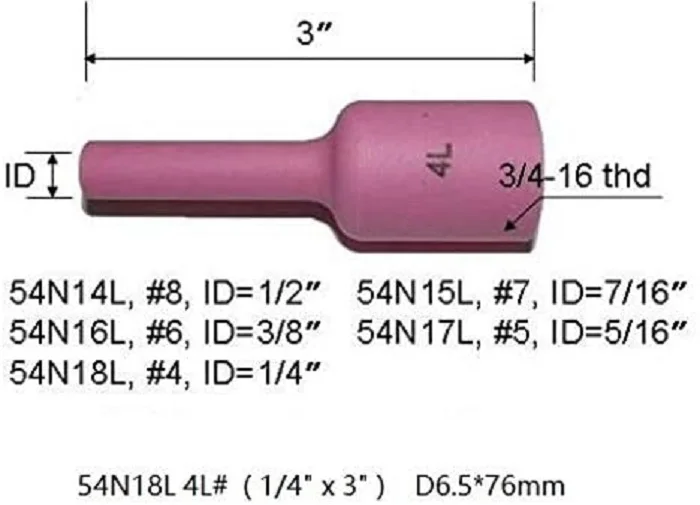 Газовая линза с длинным алюминиевым соплом TIG 54N18L #4 (D6.5*76 мм) расходные материалы