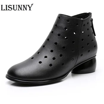 

LISUNNY 2020 Summer Ankle Boots Genuine Leather Shoes Women Med High Heel Back Zipper Boots Cutout breathable Mujer Zapatos
