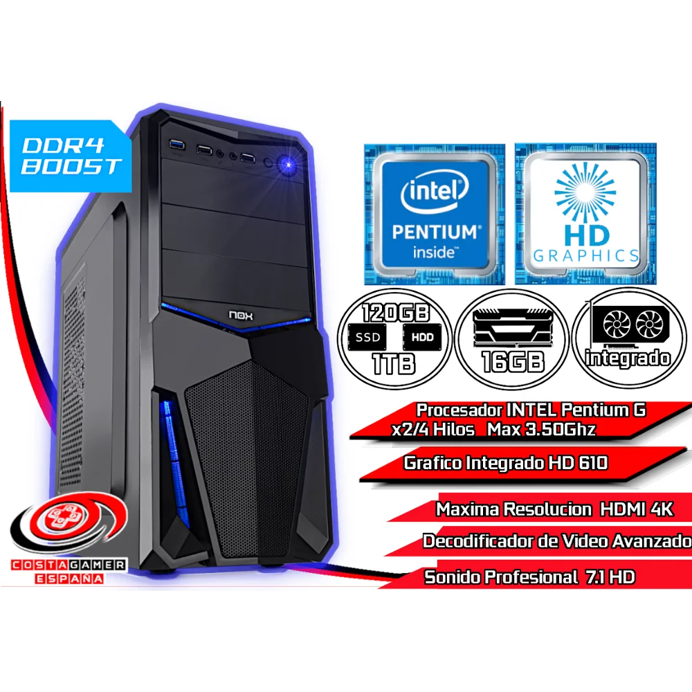 PC Ordenador Trabajo Estudio Intel G4560 x2/4 3,50Ghz 16GB Ram DDR4 1TB + 120GB SSD Gráficos HD 610 4K HDMI + Wfi + Windows 10