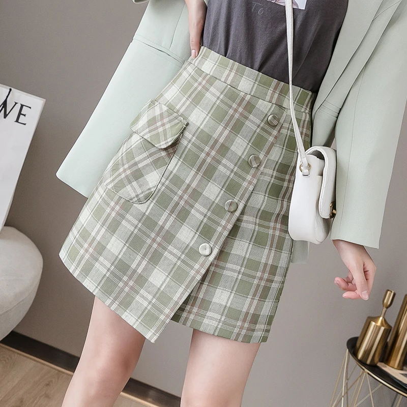 Новинка, корейские однобортные мини юбки с высокой талией, Женская Весенняя летняя повседневная короткая юбка трапециевидной формы с карманами, размер S-2XL - Цвет: Green plaid