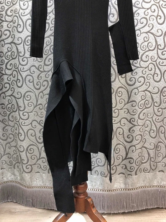 autumn Early new women's small high collar solid color decoration irregular lotus leaf swing long sleeve knitted dress 1011