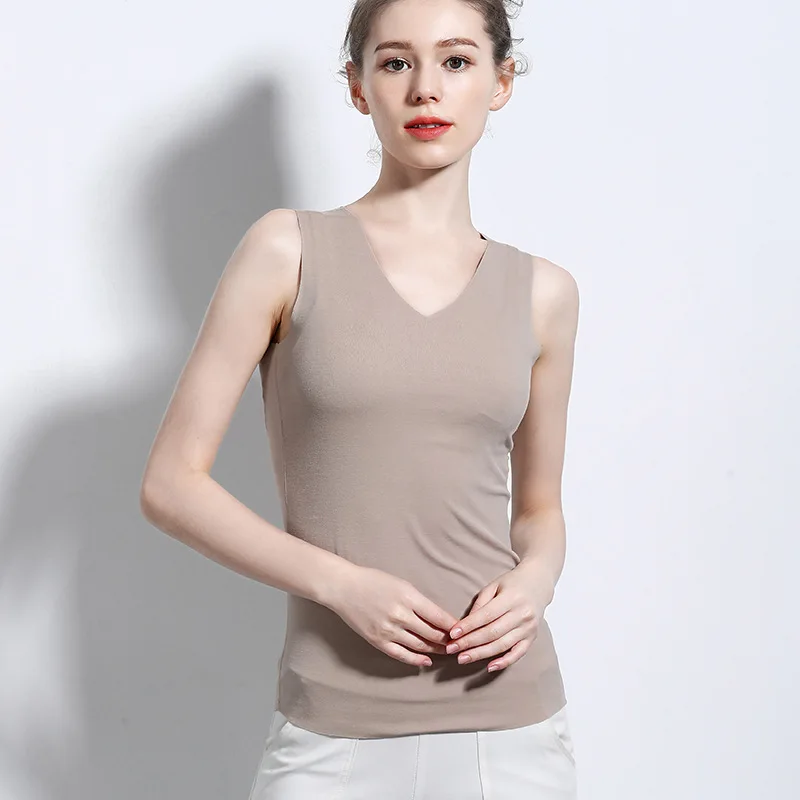 V-necked camel Новинка, летний женский жилет, Корейская версия, бесследный, самосовершенствование, сплошной цвет, базовый жилет - Цвет: V-necked camel