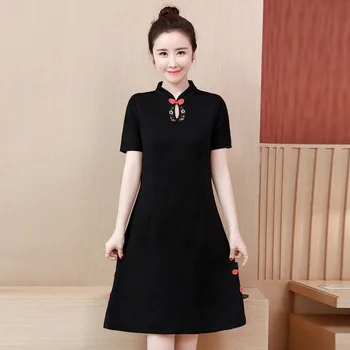 

Plus Size Black Chinese Style Cheongsams Dress 2020 Short Sleeve Elegant High Quality Vintage Embroidery Improved Qipao Dresses