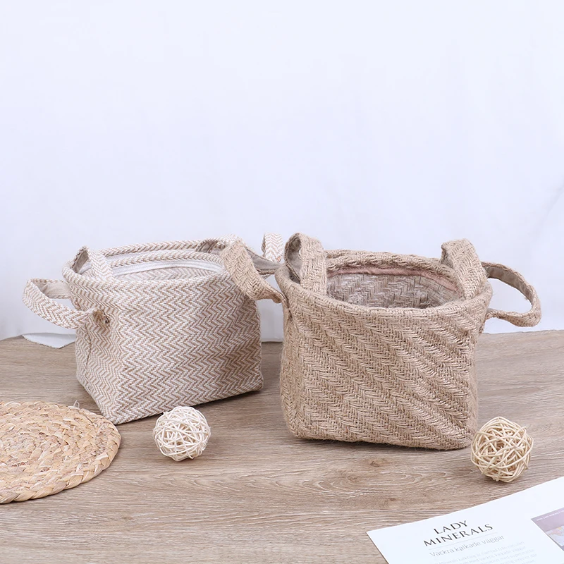 Braided Jute Cloth Flowerpot Storage Basket Cotton Linen Blended Desktop Storage Box Kids Toys Sundries Organizer Laundry Basket