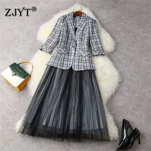 Aliexpress - Summer Designers Lady Office Party 2 Piece Set Outfit Women Elegant Plaid Notched Blazer+Strap Mesh Dress Suit Vestidos