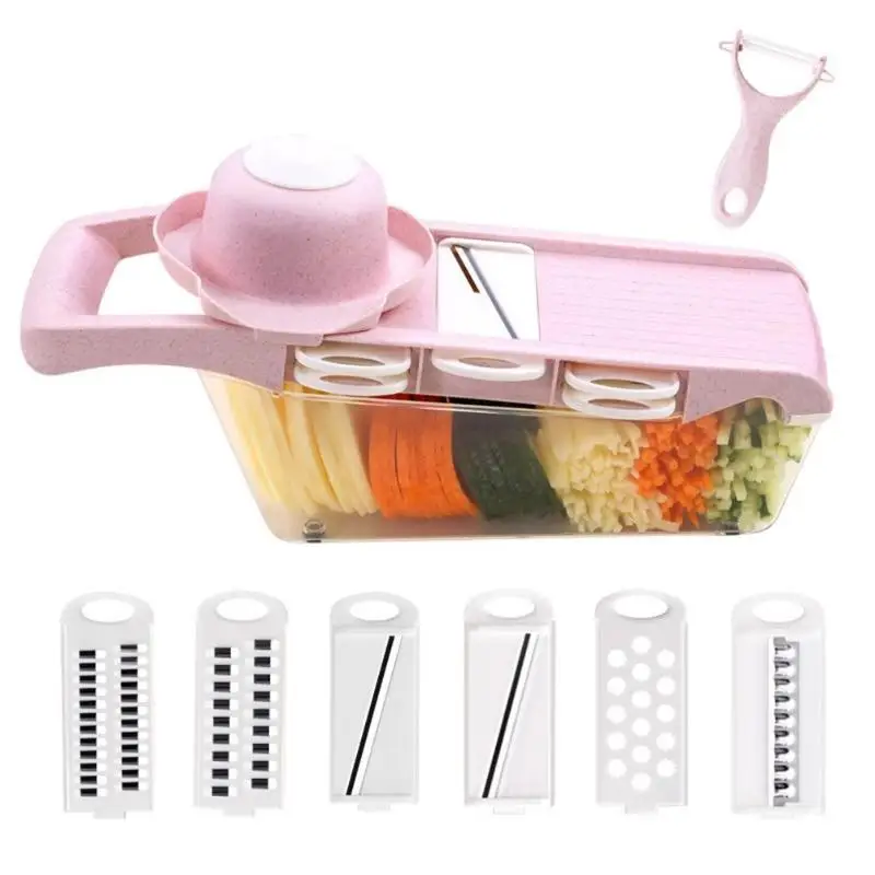 Многофункциональный Овощной инструмент для фруктов, картофелечистка, овощерезка 7 в 1, кухонный аксессуар - Цвет: Pink