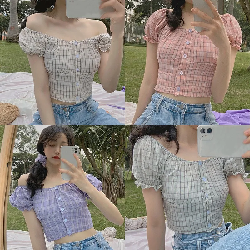 

Women's Simple Square Collar Short Sleeve Plaid Print Buttons Basic Blouse