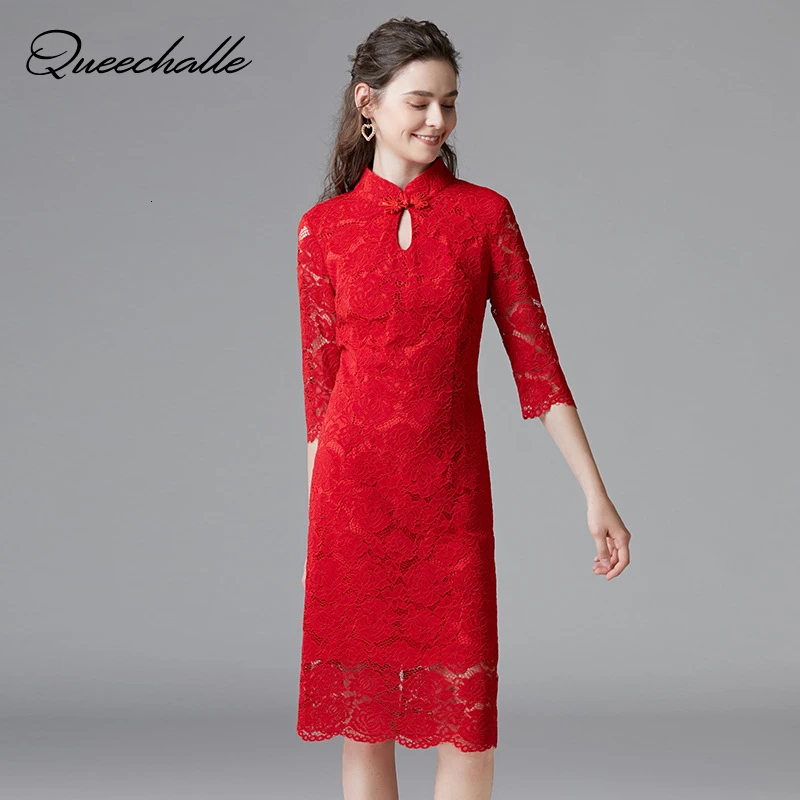 Новинка, Осенние вечерние платья красного цвета, Ретро стиль, Cheongsam, облегающее платье для женщин с рукавом 3/4, облегающие однотонные платья размера плюс, миди Vestidos
