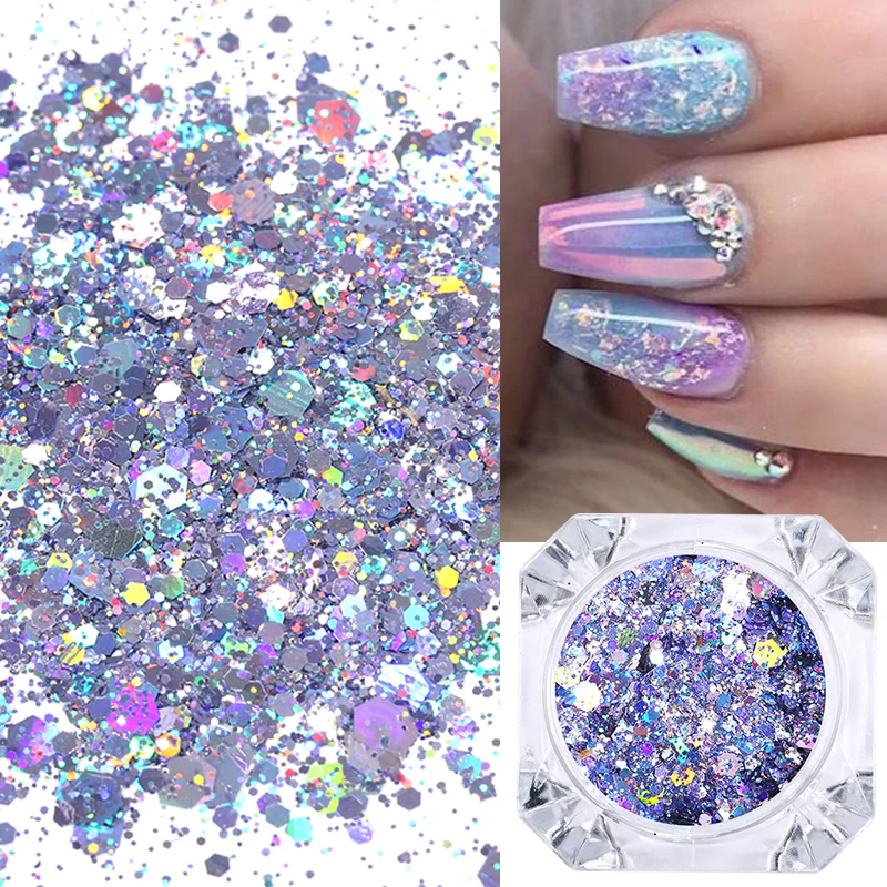 1 Box Blue Shining Chrome Glitter Flakes Sparkly 3D Hexagon Colorful Sequins Spangles Polish Manicuring Nails Art Decorations | Красота и