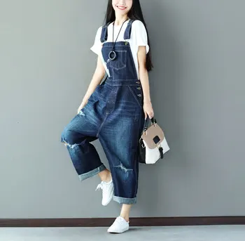 

European Style Jean Jumpsuit Blue Drop Crotch Denim Rompers Washed big Size Baggy Suspenders Cowboy Basic Long Trousers Women