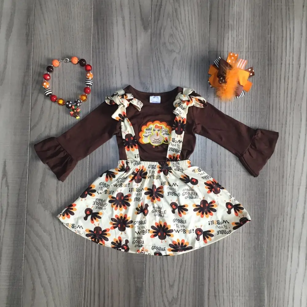 

Thanksgiving Fall/winter baby girls children clothes cotton brown turkey top ruffle skirt boutique long sleeve match accessories