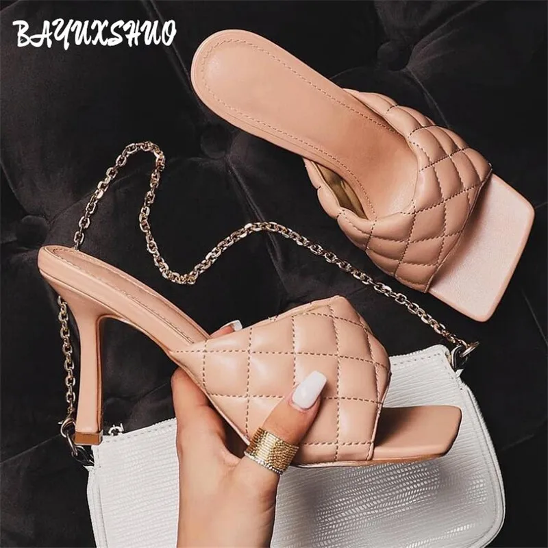 

BAYUXSHUO NEW Sexy Women Thin Heels Slides PU Diamond Square Head Peep Toe Stilettos Slippers Slip On Shoes Woman Mules Party