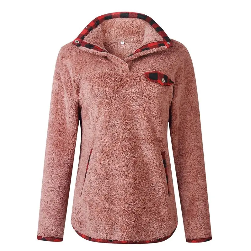 Женский зимний теплый Пушистый пуловер с капюшоном в клетку, водолазка на кнопках, свитшот на пуговицах, повседневный Топ с длинным рукавом DXAD