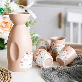 

4pcs Lucky Cat Japanese Sake Serving Kit With Cups Traditional Ceramic Crafts Wine Pot Cups Home Decoration Wine Set