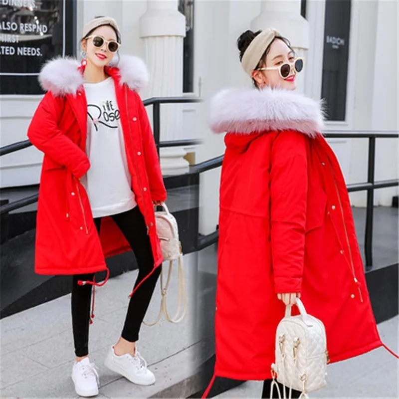 Long Warm Coat Winter Jacket Women 100 Kg Can Wear Parka Plus Size Thick Loose Hooded Big Fur Collar Cotton Outwear LL714 - Color: Red