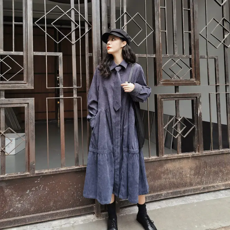 

Retro High Waist Corduroy Tie Decorated Long-sleeved Dress Autumn 2019 New Loose Casual Winter Corduroy Dress Vestidos f1930