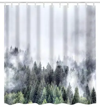 

Pine Forest Shower Curtain Fabric, Winter Foggy Trees Woodland in Mountain Nature Landscape Polyester Waterproof Fabric Bathroom