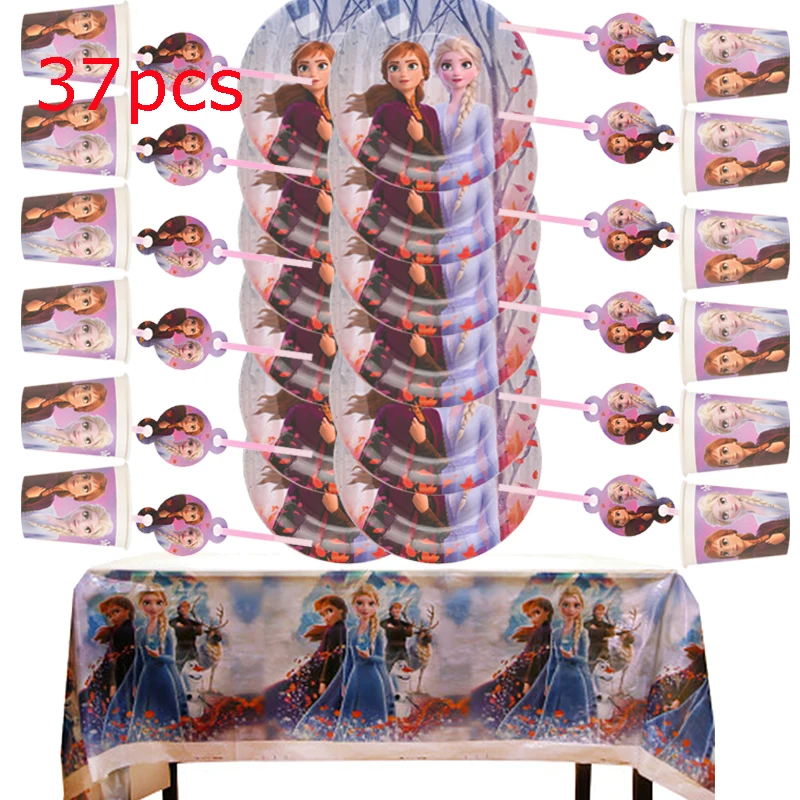 37pcs Disney Princess Frozen 2 товары для вечеринки в честь Дня Рождения Айши и Анны, скатерть, тарелки, посуда, подарок для ребенка, вечерние - Цвет: 37pcs
