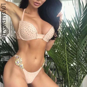 

LOVE & LEMONADE Sexy Pink Rhinestone Beaded Bikini Ladies Swimwear LMSW104