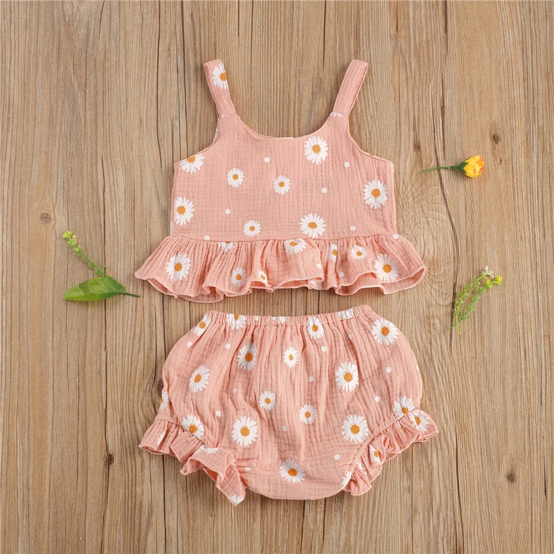 Toddler Baby Girl Daisy Flower Printed Sleeveless Tops+PP Shorts Kids Outfits 2pcs Summer Clothes Set
