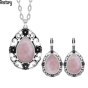 

Water Drop Water Drop Pink Quartz Jewelry Sets Plant Flower Pendant Necklace Earrings Set Stainless Steel Chain For Woman