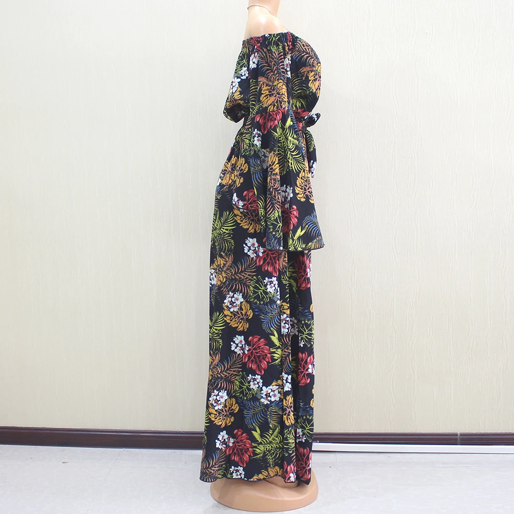 Dashikiage Африканское черное длинное платье пальмовый лист и цветочный узор Печатный отдых стиль леди платье