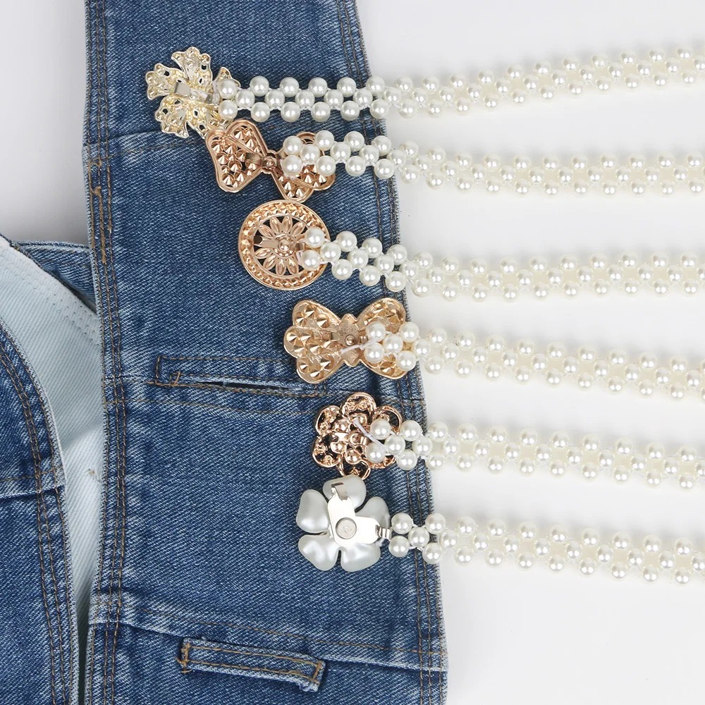 Elasticity Weave White Pearl Belt for ladies/girl beads Rhinestone strass Butterfly Flower Buckel rubber Weave Waist Decorative