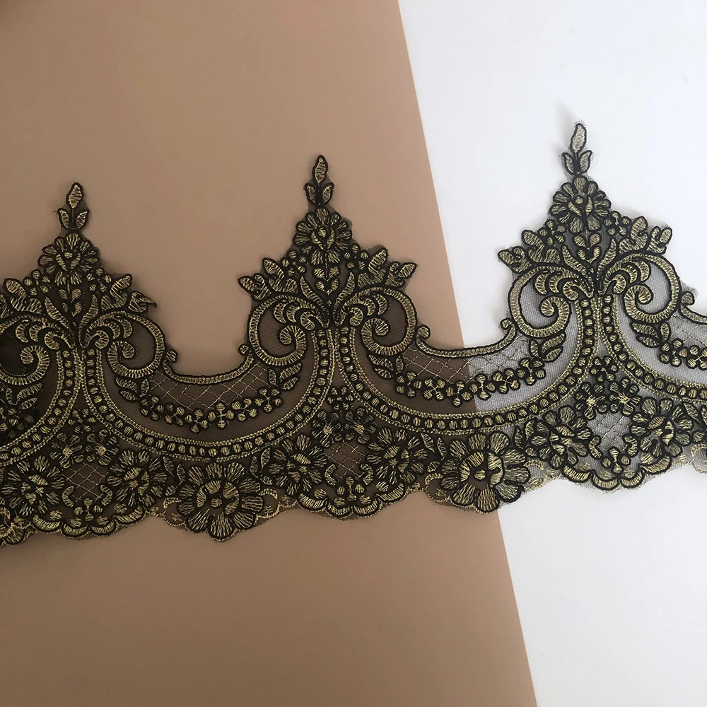 1Yard Balck Gold Embroidered Mesh Lace Trim Applique Flower Venise Sewing Craft for Wedding Dress Home Textile DIY Accessories | Дом и сад