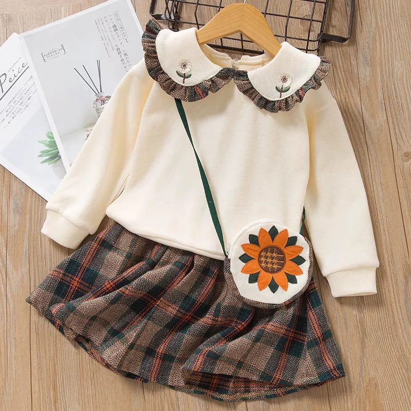 Bear leader/платье для девочек новое Брендовое платье принцессы свитер с рисунком+ платье трапециевидной формы платья для девочек милая детская одежда, 2 предмета - Цвет: white AX1310