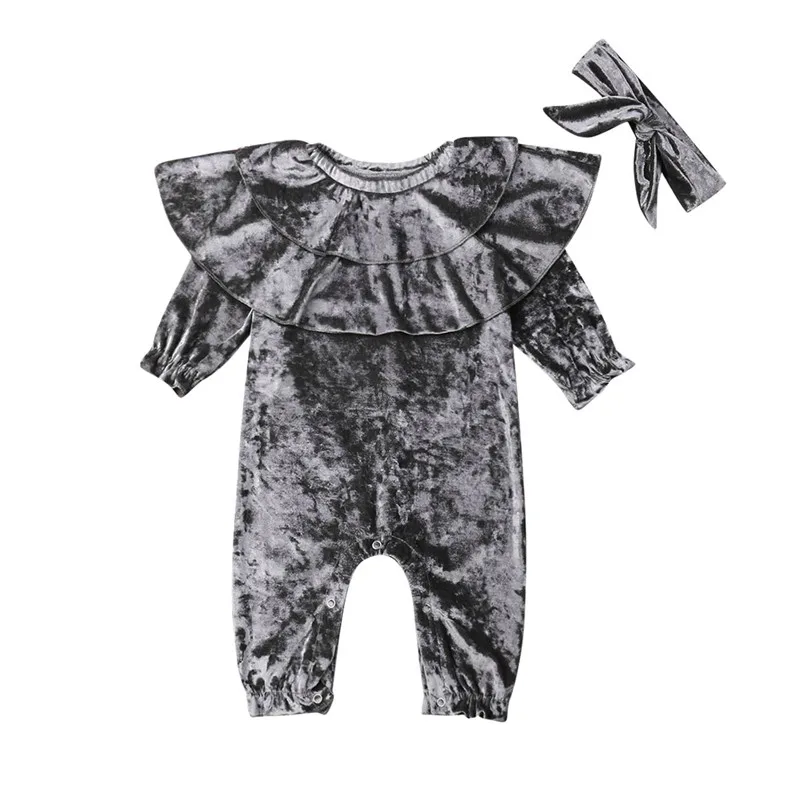Одежда для маленьких девочек; Одежда для новорожденных из бархата с длинными рукавами и комбинезон с оборками комбинезон купальник комплект одежды