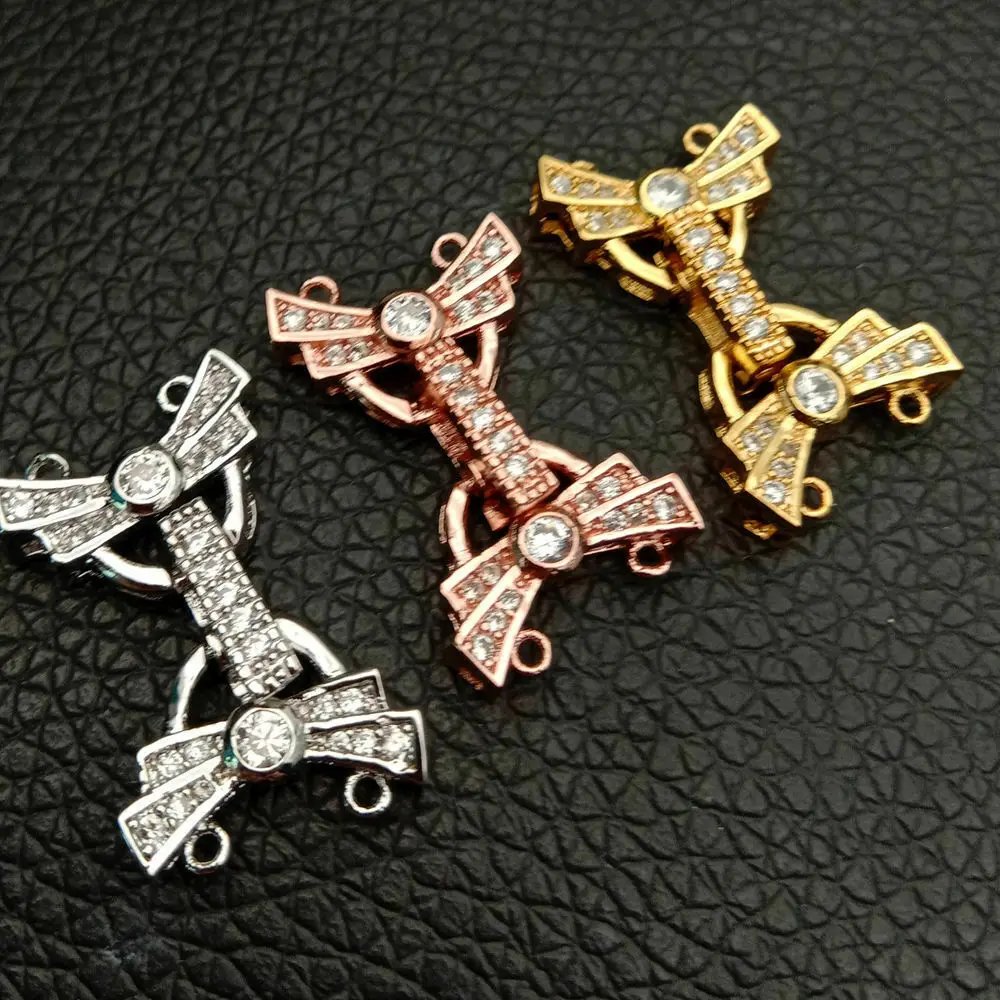 

18k gold plated Cubic Zirconia micro pave bowknot 2 strands clasp 15x25mm