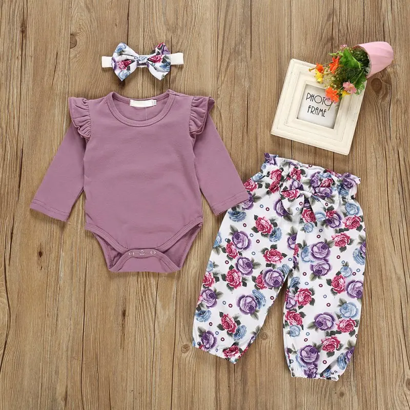 

Autumn Baby Girl Flare Long Sleeve Romper Tops Floral Trousers Headband Outfits Clothes Set